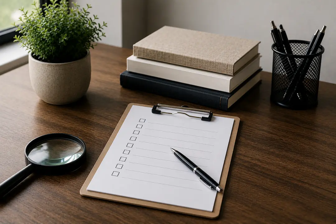 Website audit checklist, magnifying glass, and workspace representing how to audit a website for generative AI search visibility.