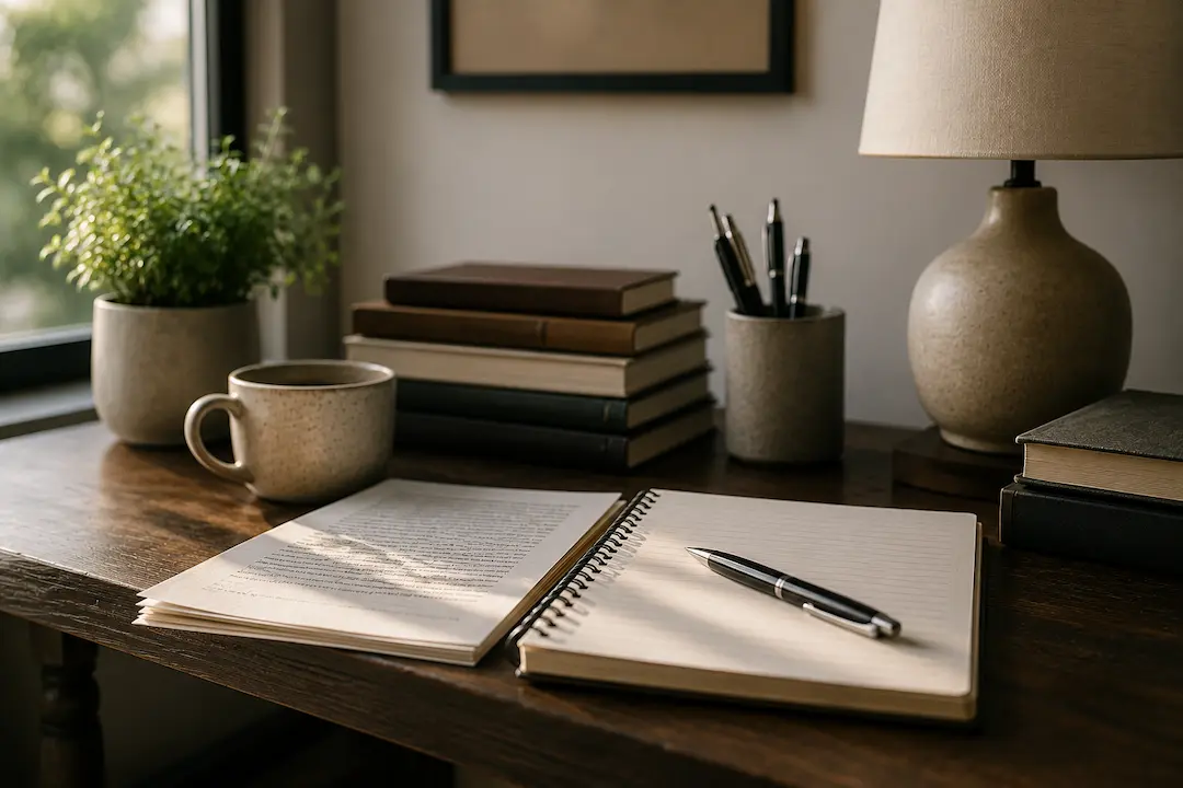 Writing workspace with an open notebook, books, and desk setup representing content creation for earning citations from large language models.