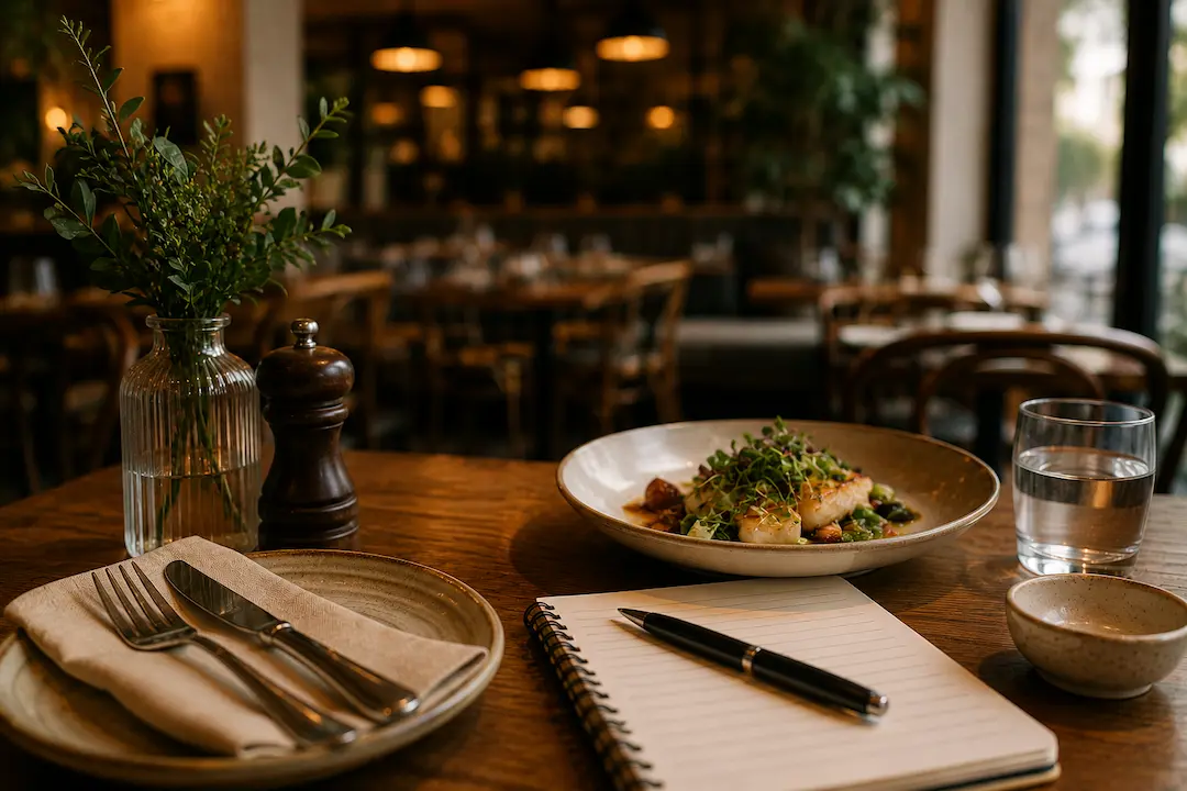 Restaurant table with a plated meal, notebook, and dining setting representing how restaurants can get recommended in ChatGPT and AI search.
