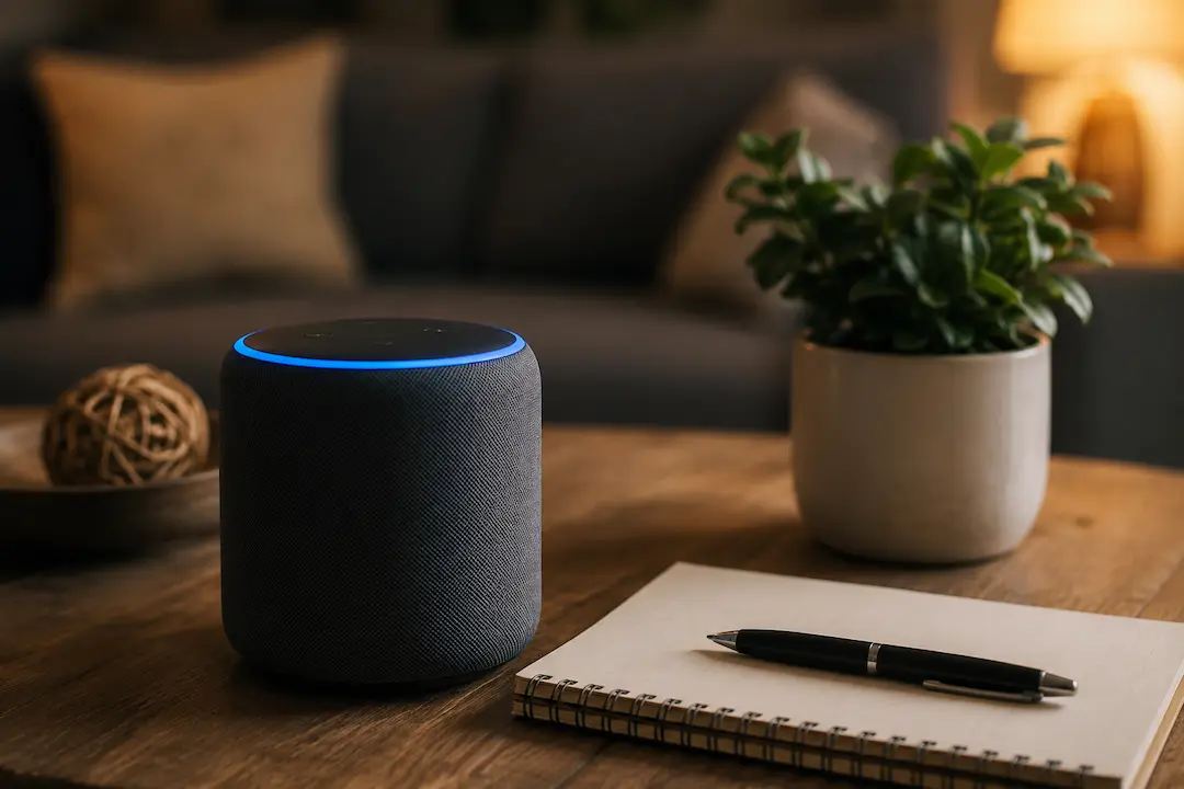 Smart speaker and notebook representing Answer Engine Optimisation (AEO) strategies for improving voice search visibility.
