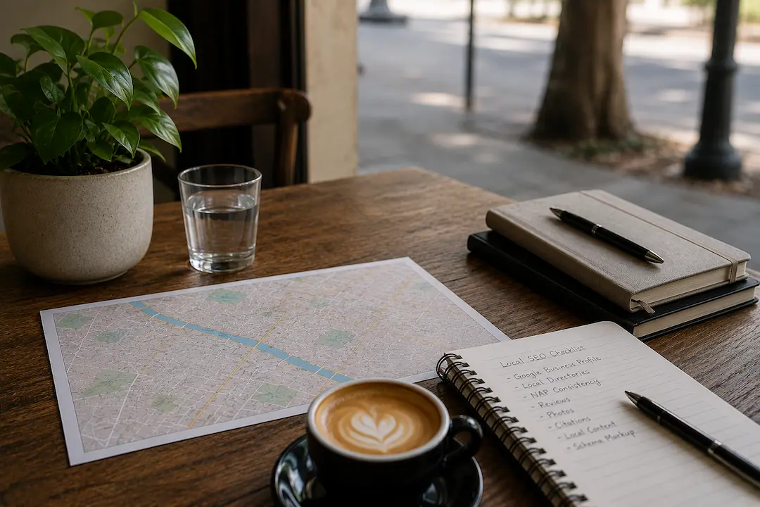 Local SEO checklist, map, and workspace representing Australian local business listings and online visibility.