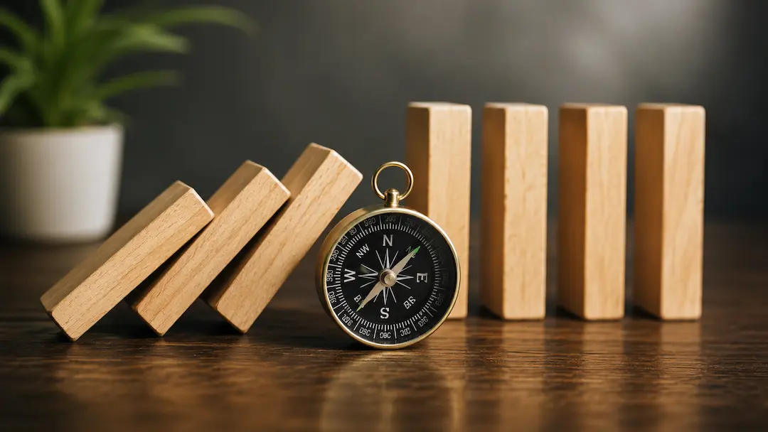 Wooden blocks transitioning from falling to standing with a compass, representing AEO strategies to recover traffic lost to AI search.