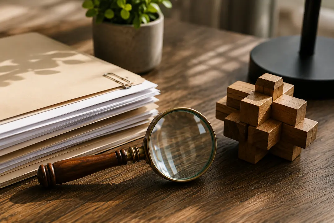 Magnifying glass, document stack, and wooden puzzle representing search intent optimisation for ranking when AI answers user questions.