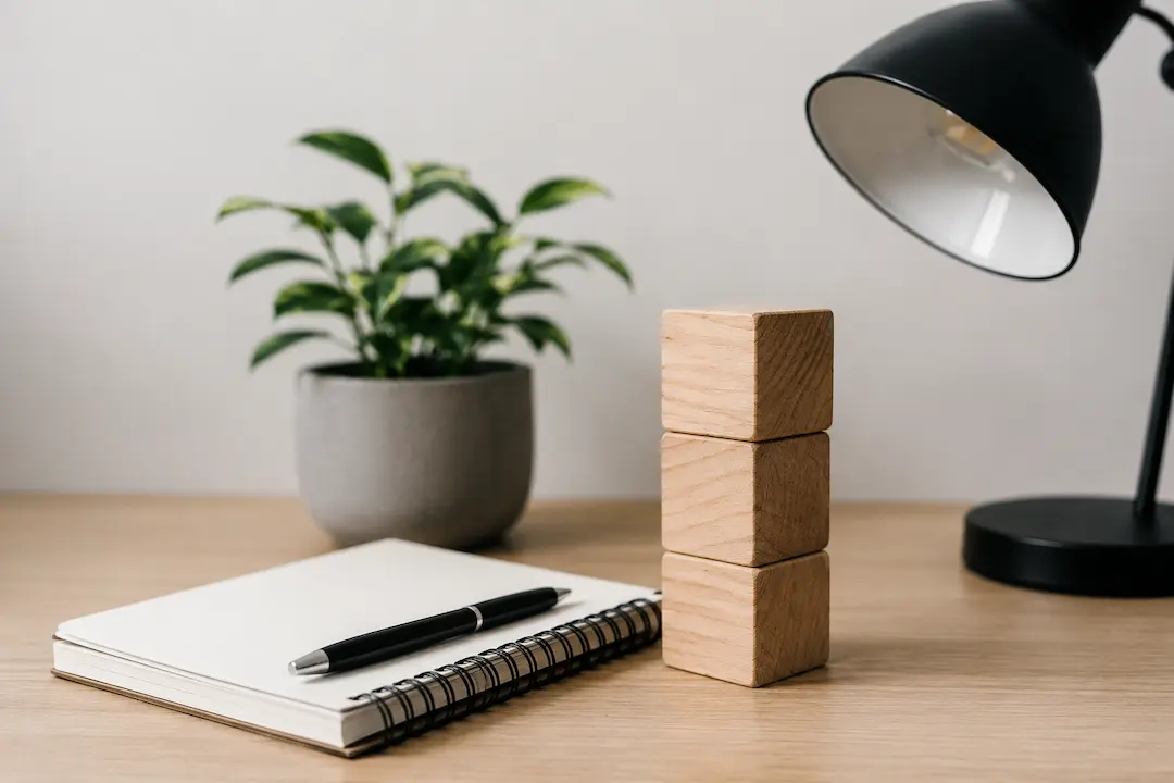 "Wooden blocks, notebook, and workspace representing practical strategies for optimising Answer Engine Optimisation (AEO)."