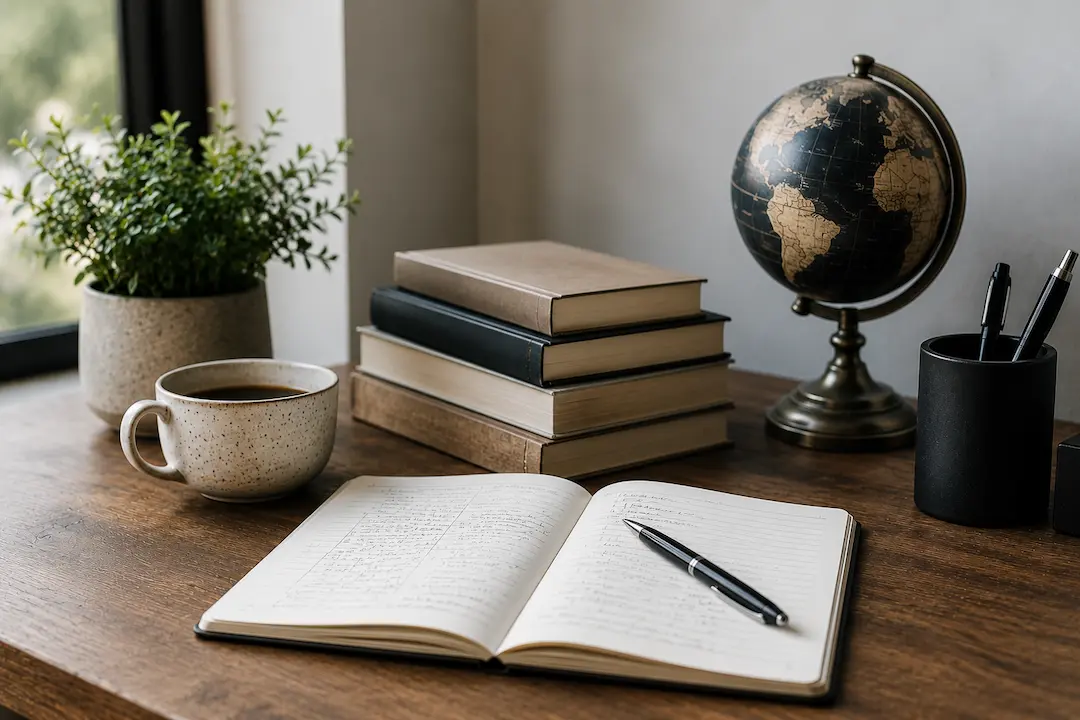 Workspace with books, globe, and notebook representing the fundamentals of Generative Engine Optimisation (GEO) for AI search visibility.