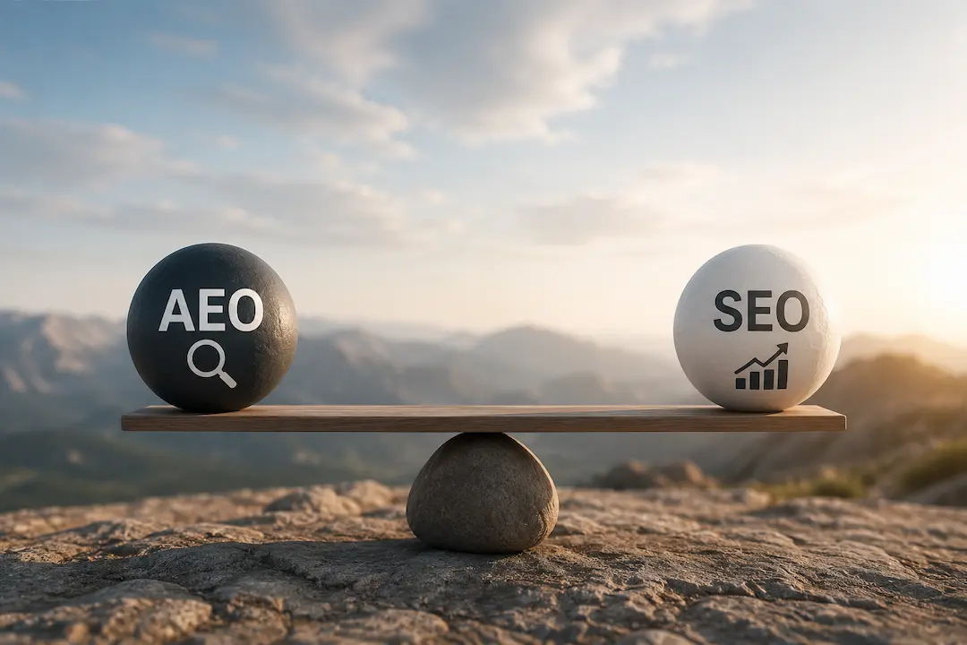 Balanced AEO and SEO symbols on a seesaw representing the comparison between Answer Engine Optimisation and traditional search engine optimisation.