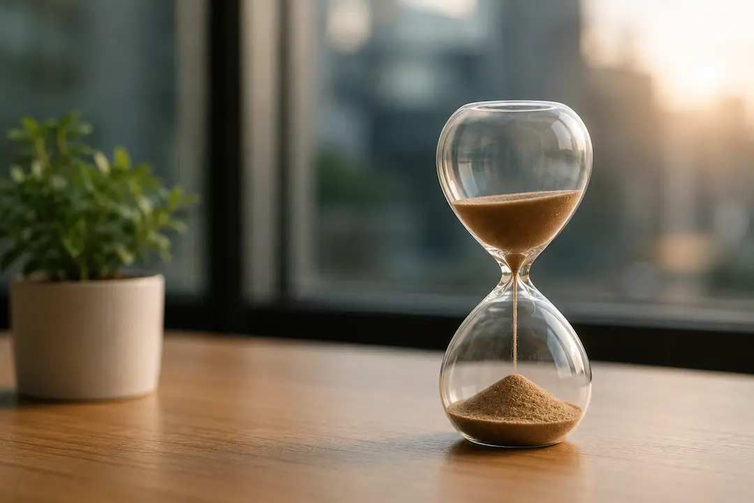 Hourglass on a desk representing AI agents improving efficiency, automation, and long-term search visibility.
