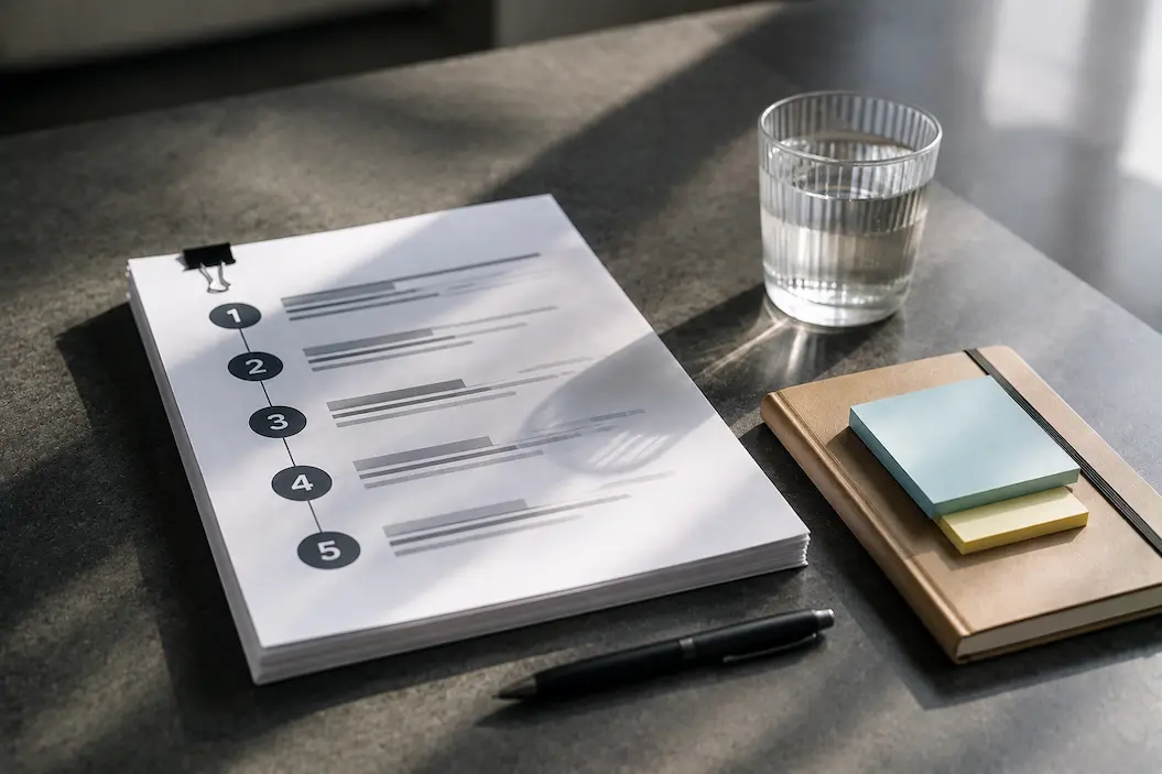 Structured checklist and workspace representing a complete guide to using AI in SEO and adapting to the new era of search.
