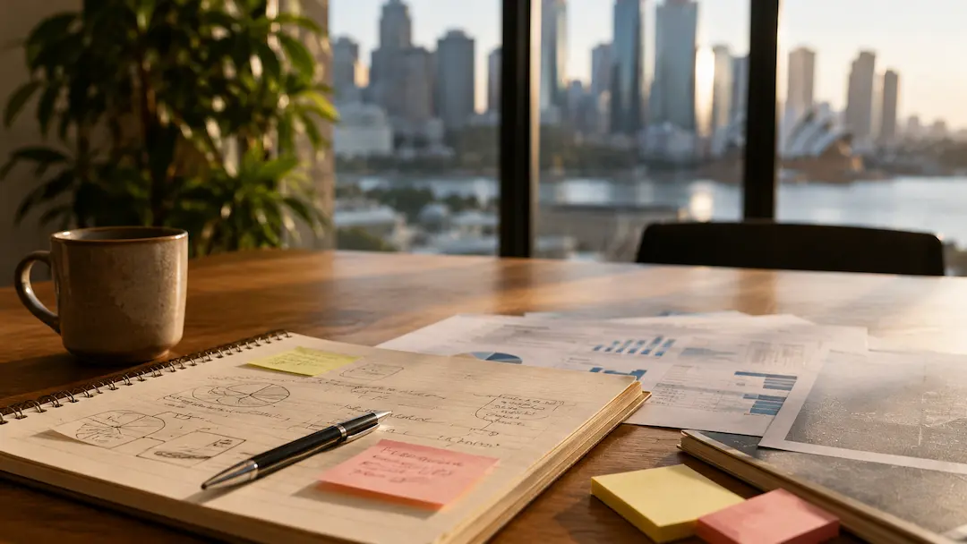 Workspace with marketing reports overlooking an Australian city skyline, representing the future of AI search and digital marketing in Australia.