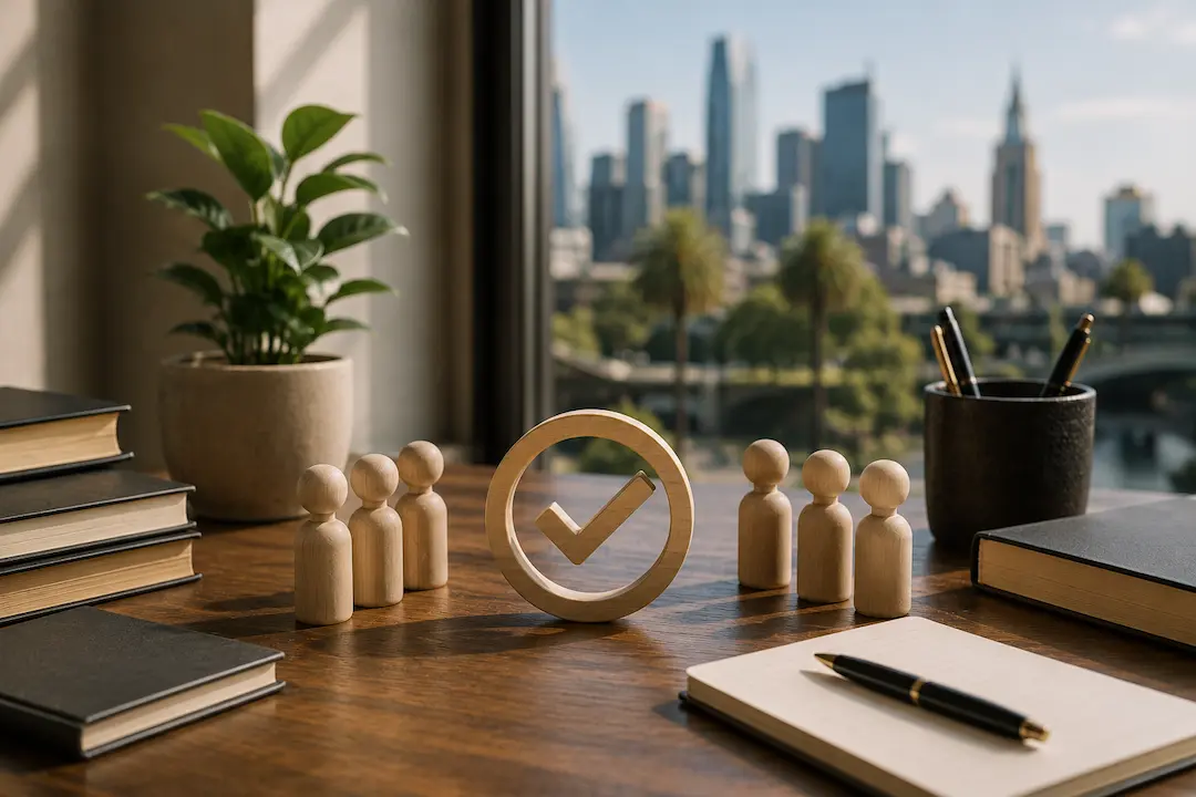 Workspace with a verification symbol and business figures representing how to choose the best AEO agency in Melbourne for AI search visibility.