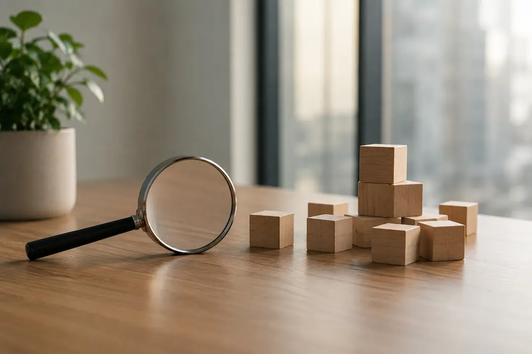 Magnifying glass and wooden blocks representing how generative AI is reshaping keyword strategy and search optimisation.