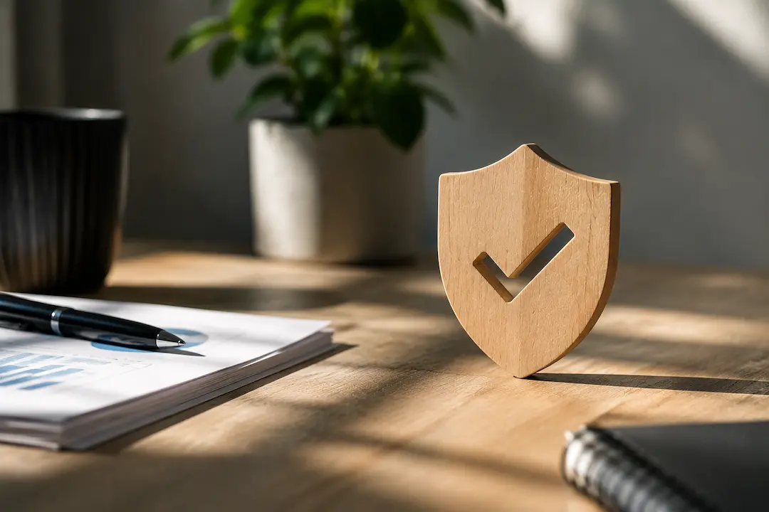 Wooden shield with a checkmark beside documents representing how Answer Engine Optimisation (AEO) builds brand trust in AI search.