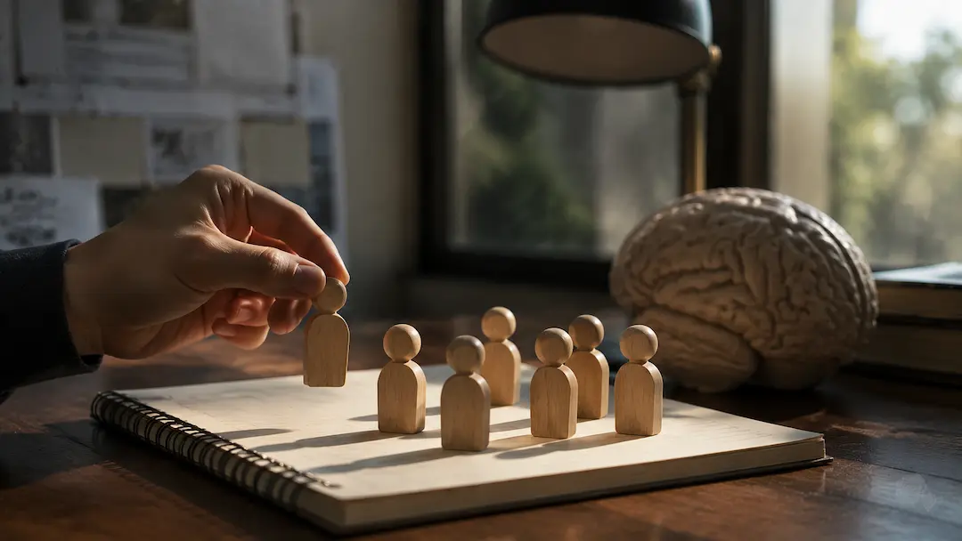 Wooden figures, a human brain model, and a notebook representing how AI memory influences marketing decisions and brand recognition.