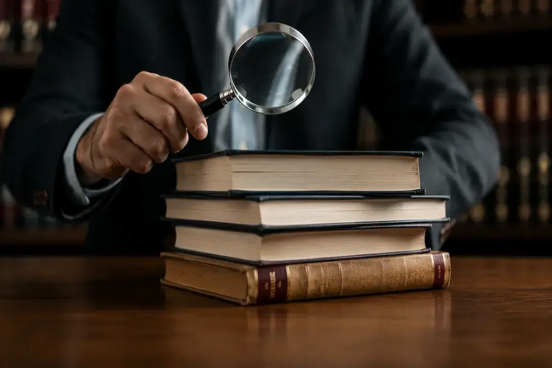 Legal professional reviewing reference books with a magnifying glass, representing how ChatGPT selects trusted sources and citations.