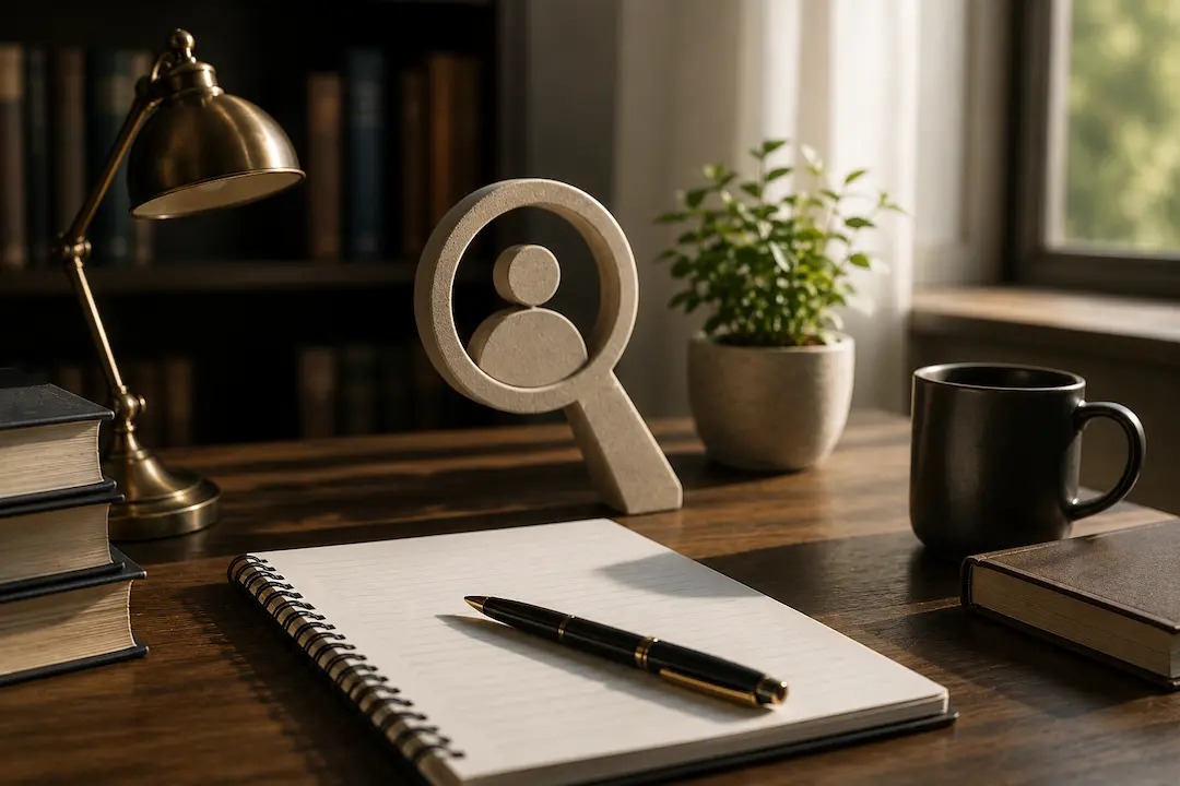 Workspace with notebook, books, and a search icon, representing content optimisation for generative AI search and AI-powered discovery.