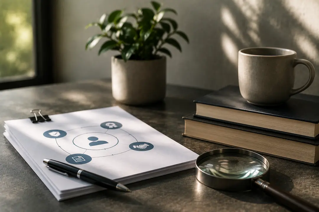 Documents, books, and a magnifying glass illustrating E-E-A-T principles for building trust and authority in Answer Engine Optimisation (AEO).
