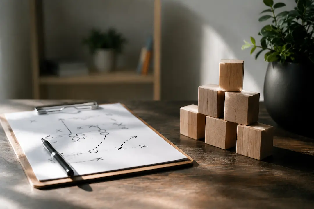 Content planning strategy with workflow notes and building blocks, representing a B2B content framework designed for AI understanding and discovery.