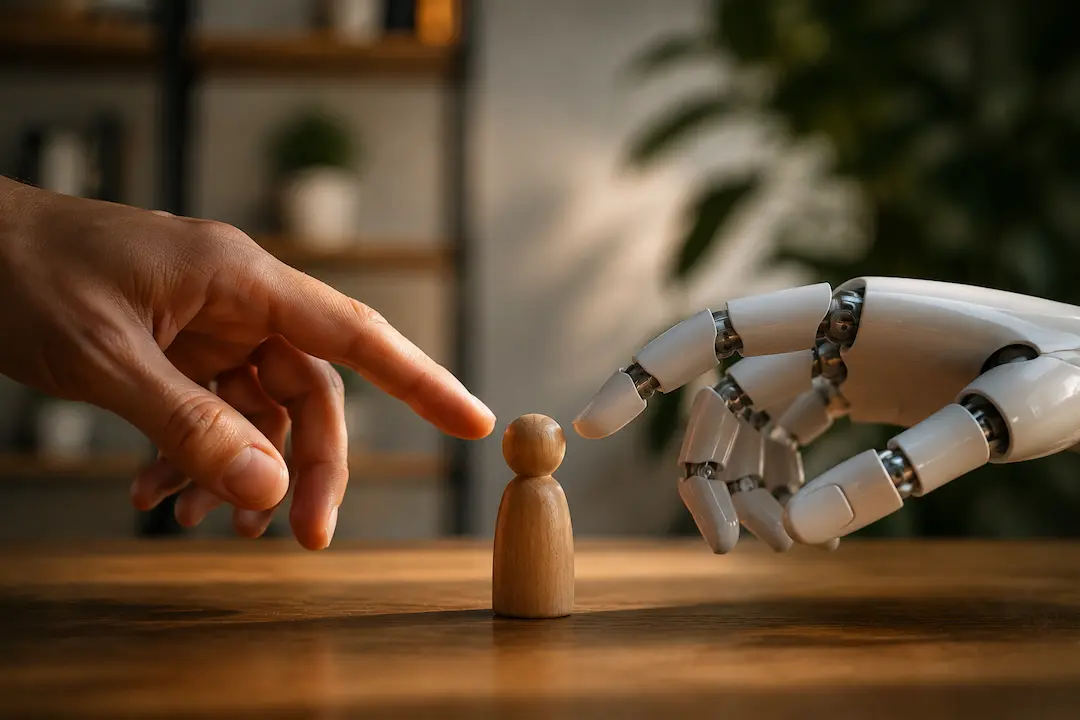 Human hand and robotic hand reaching toward a figure, illustrating evolving human-AI interaction patterns and collaborative decision-making.