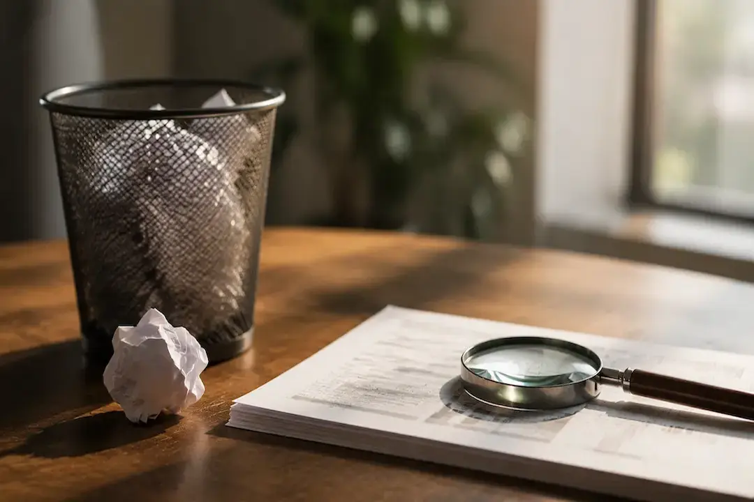 Magnifying glass examining content beside discarded paper, representing why AI search systems reject keyword stuffing in favour of helpful, high-quality content.