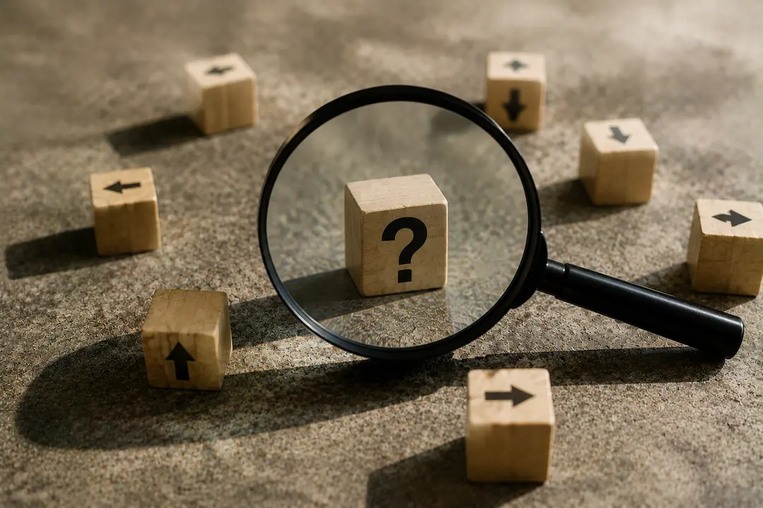 Magnifying glass highlighting a question icon among directional blocks, representing Answer Engine Optimisation (AEO) and how AI finds direct answers.