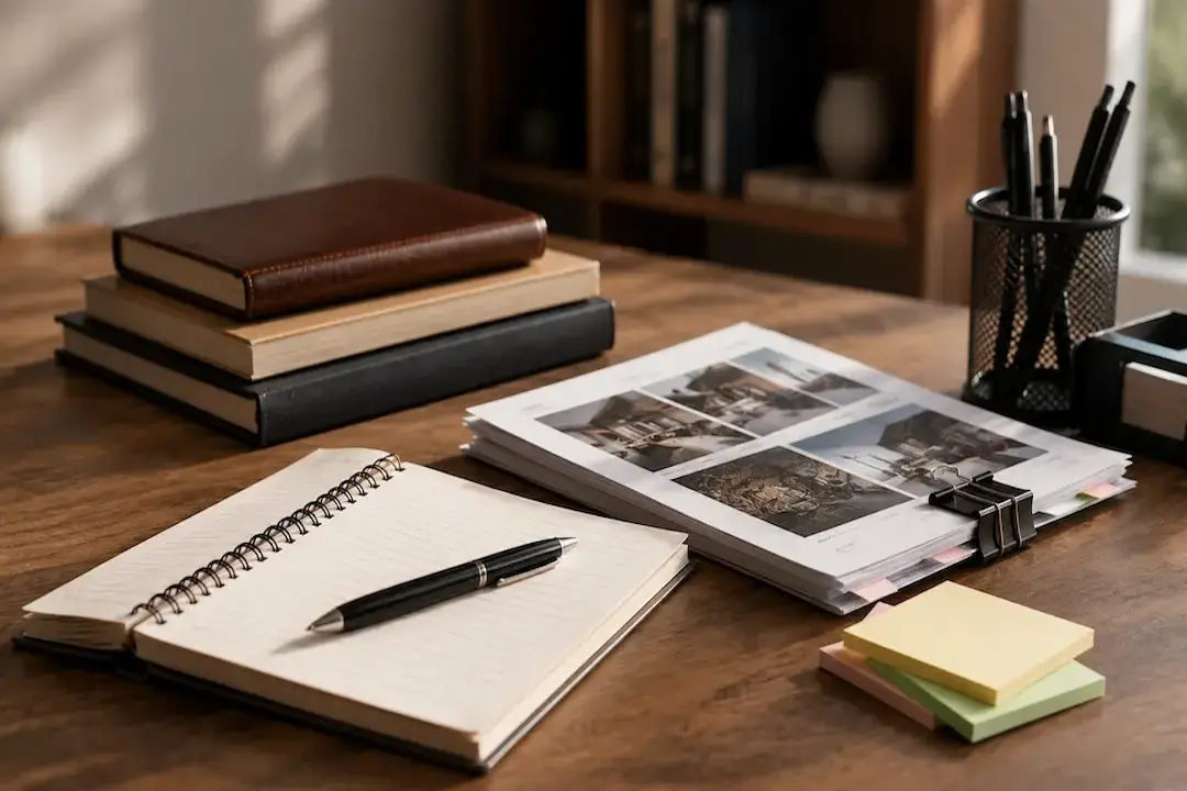 Workspace with notebooks, research materials, and planning documents, representing the benefits of using AI to streamline content creation and publishing.