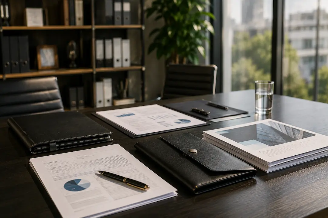 Modern B2B office workspace with reports and business documents, representing AEO strategies for improving AI search visibility in 2026.