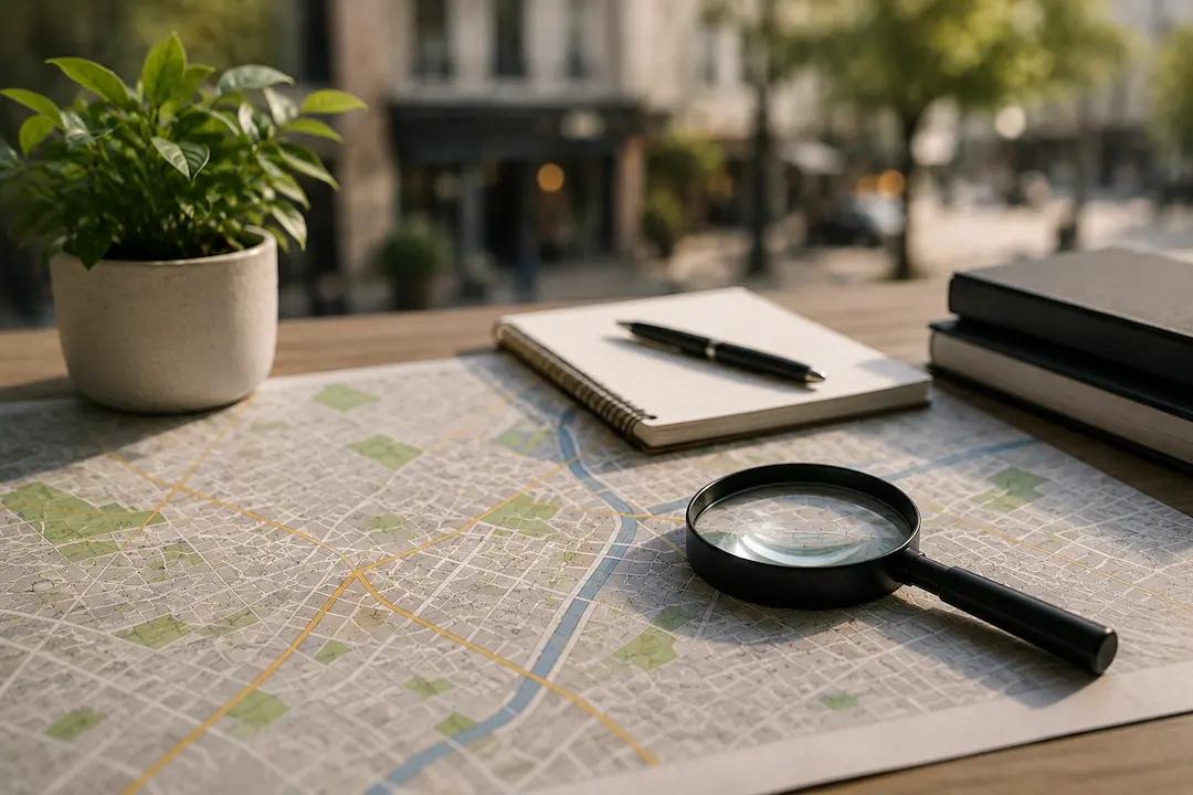 Map, magnifying glass, and workspace representing Answer Engine Optimisation (AEO) strategies for improving local business visibility in AI-powered search.