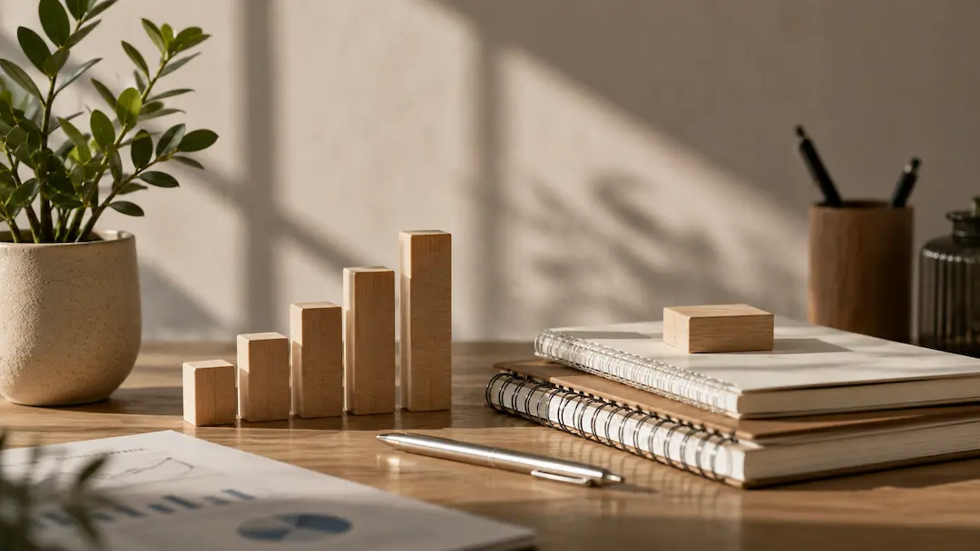 Growing wooden blocks and marketing workspace representing Answer Engine Optimisation (AEO) as the next evolution of digital marketing in Australia.