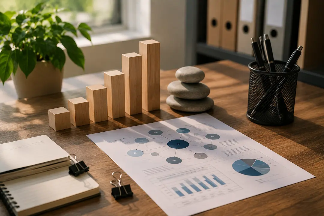 B2B SaaS growth dashboard with performance charts and strategy planning materials, representing SEO and GEO for improving AI search visibility.