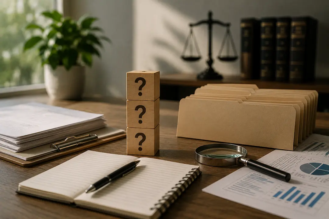 FAQ planning documents with question blocks, folders, and research materials representing AI-friendly FAQ optimisation for improved answer engine visibility.