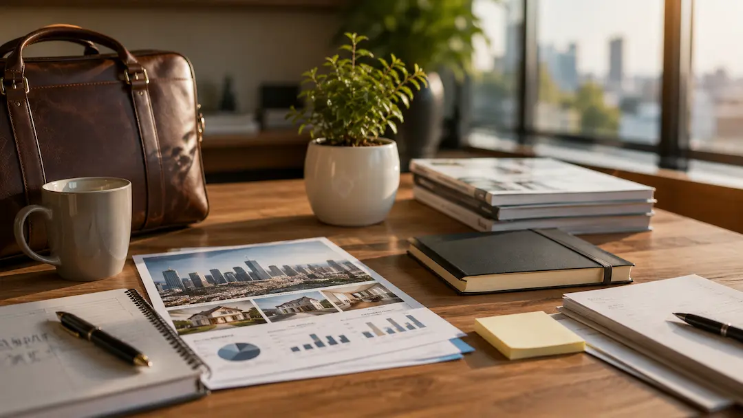 Real estate marketing workspace with property reports, market analysis, and planning materials representing the future of AI in real estate marketing.