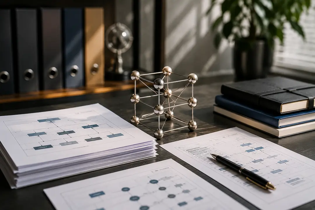 Workspace with structured data diagrams, interconnected data model, and content planning documents illustrating structured data for answer engine optimisation (AEO) and AI search visibility.