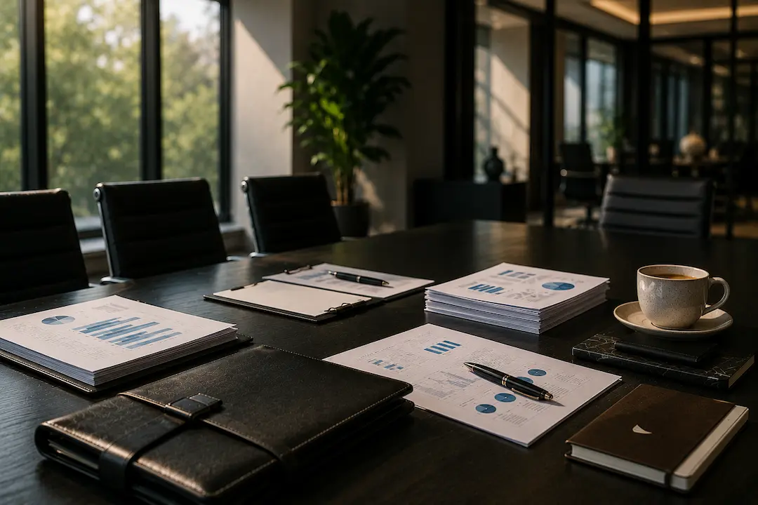 Modern enterprise boardroom with analytics reports, planning documents, and collaborative workspace representing human-led, AI-enhanced teams scaling answer engine optimisation (AEO) across the organisation.