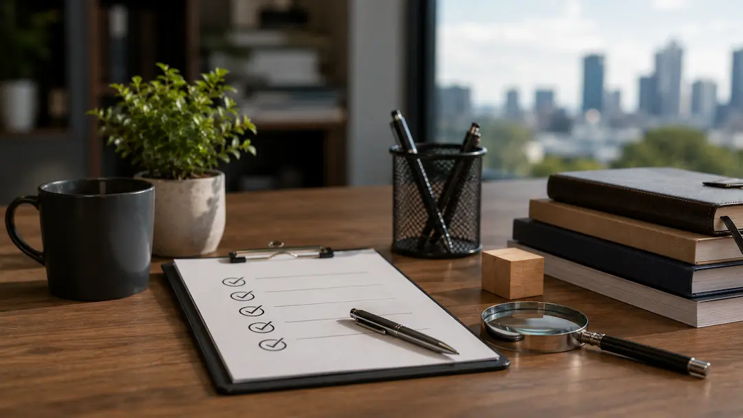 Professional office workspace with an AI SEO agency evaluation checklist, magnifying glass, documents, and business planning materials symbolising how to assess AI SEO agencies in Melbourne.