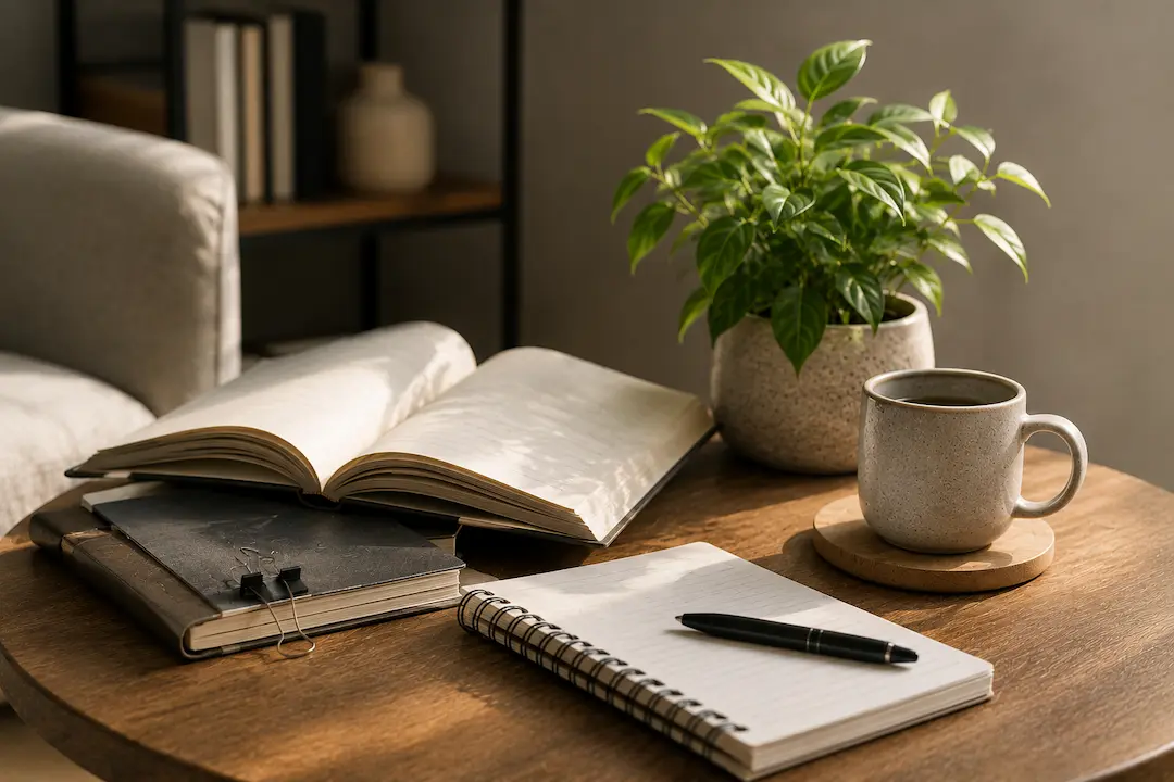 Minimalist workspace with an open book, notebook, coffee cup, and writing desk representing blog content planning and optimisation for AI-driven search platforms and generative search engines.