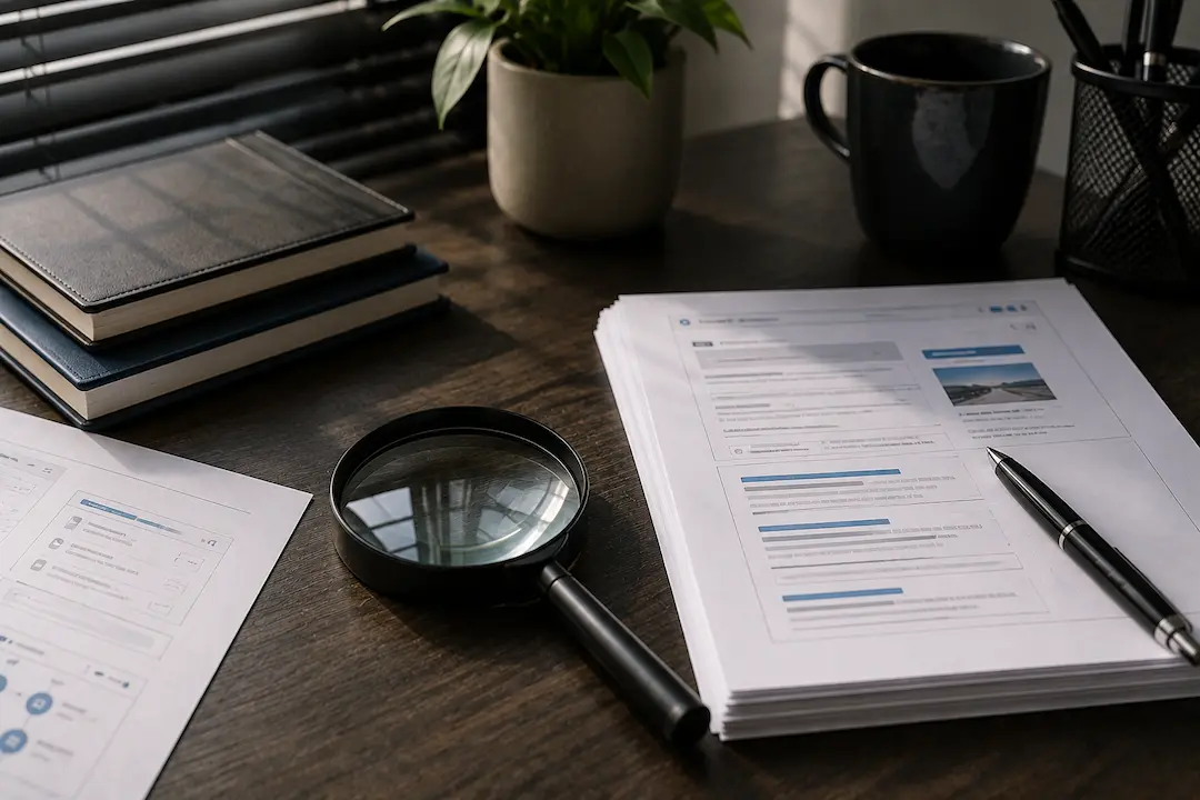 Workspace with SEO audit documents, magnifying glass, and optimisation reports illustrating content analysis for Google AI Overviews, featured snippets, and AI-powered search visibility.