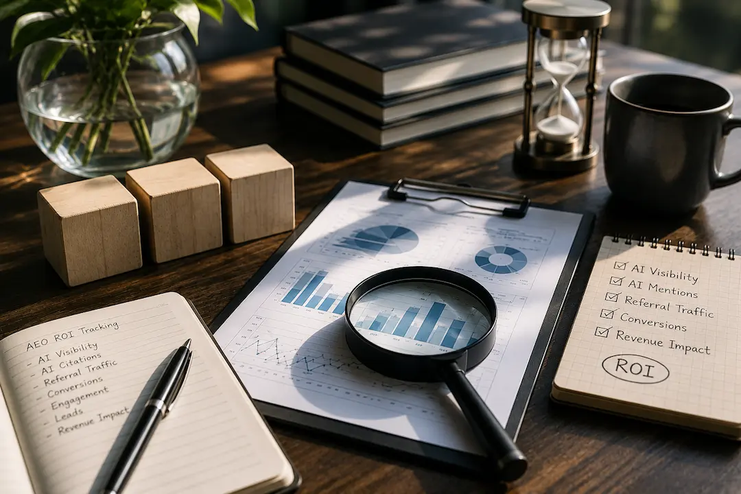 Analytics dashboard, ROI tracking checklist, magnifying glass, and performance reports illustrating how to measure answer engine optimisation (AEO) ROI, AI visibility, citations, referral traffic, conversions, and business impact.