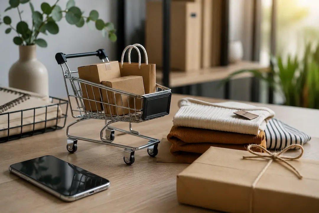 E-commerce workspace with shopping cart, product packaging, folded apparel, and smartphone representing generative engine optimisation (GEO) strategies for improving AI search visibility and online retail discoverability.