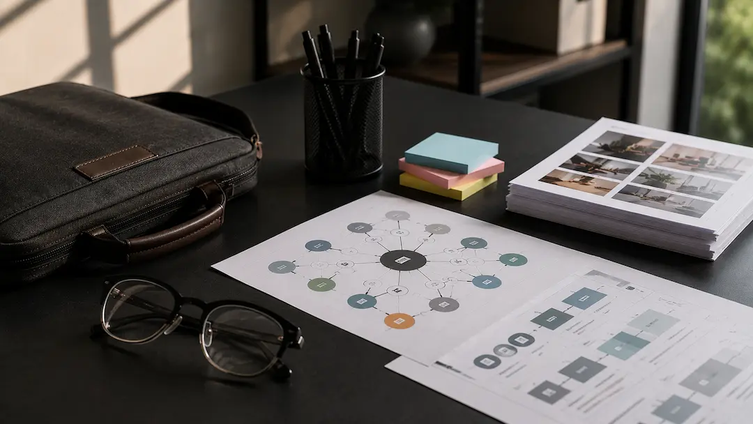 Workspace with semantic relationship diagrams, content strategy documents, analytics charts, and planning materials illustrating semantic search optimisation for improved AI search visibility and content relevance.