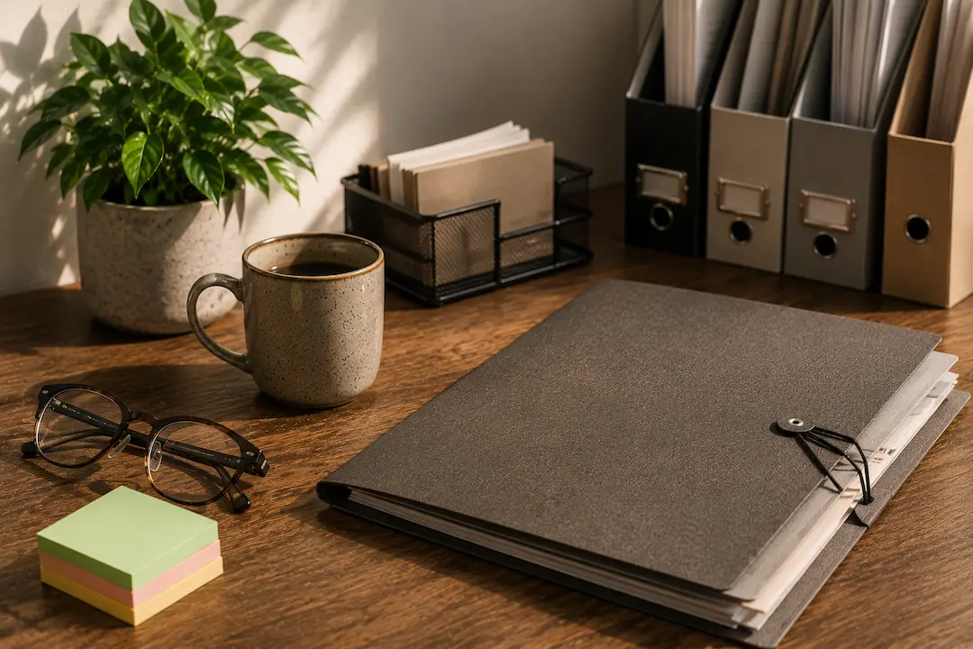 Content planning workspace with research folder, organised reference documents, notebooks, and editorial desk setup representing how to create engaging, well-structured content that large language models (LLMs) are more likely to cite.