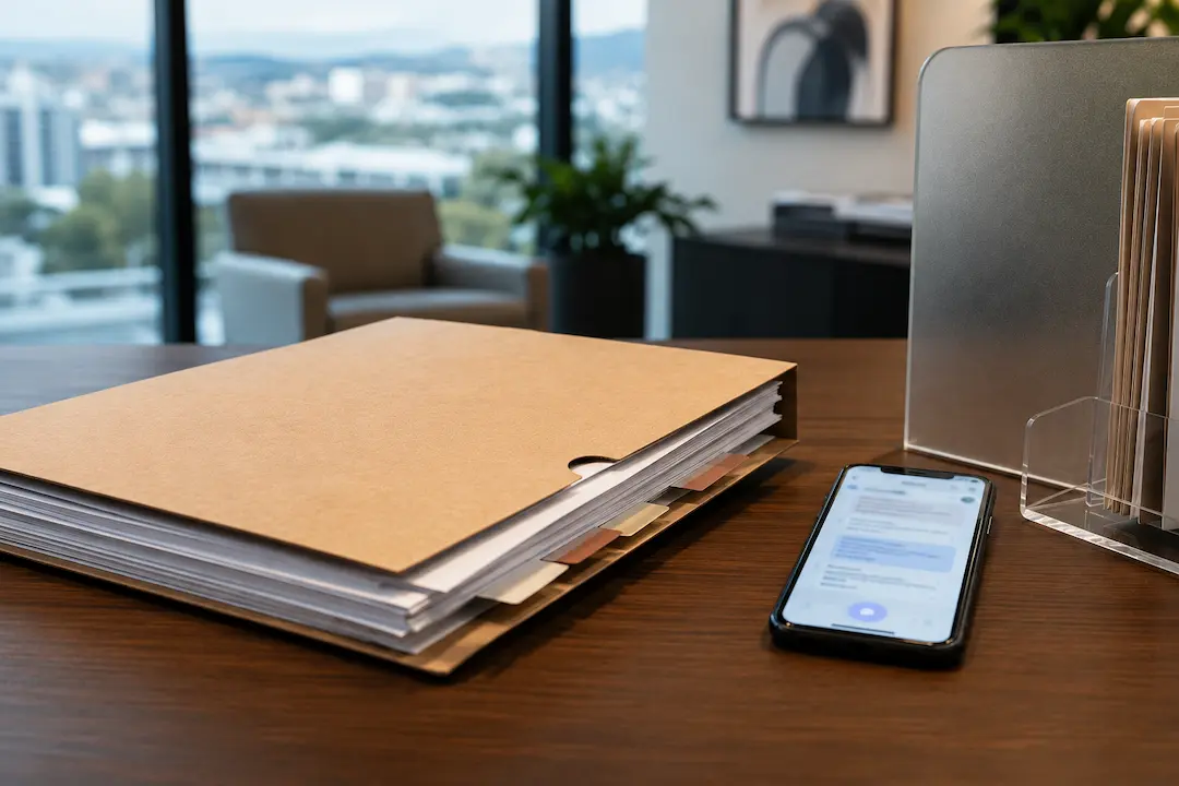 Realistic law office desk with organised legal case files, a smartphone, and document organisers, representing AI search visibility strategies for restraining order lawyers in the United States.