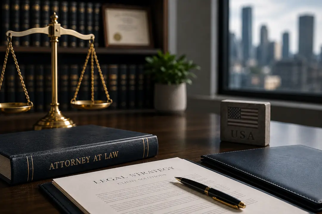 Attorney law office with legal strategy documents, scales of justice, and law books, representing AI search optimization services for U.S. attorneys.