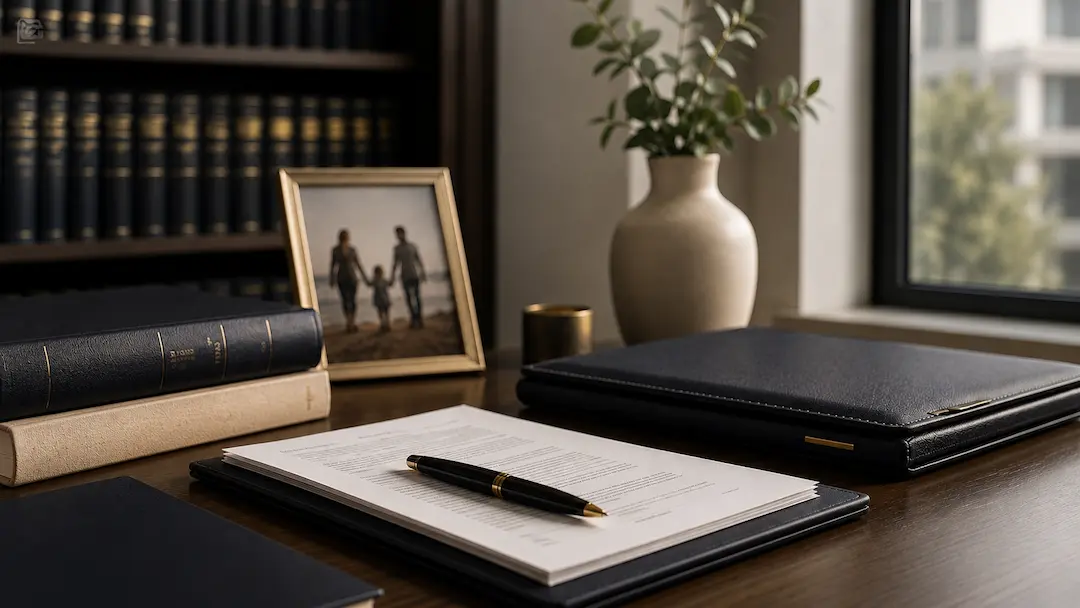 Professional family law office with legal documents, a family photo, law books, and a client folder, representing AI search visibility for family law lawyers.