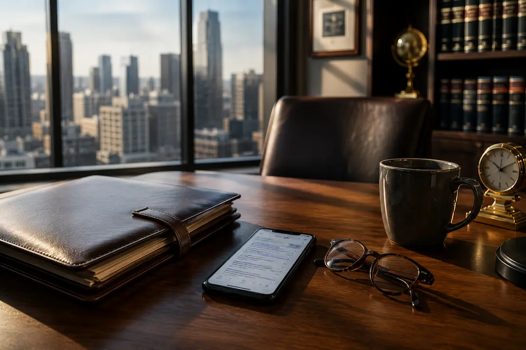 Realistic executive law office featuring a leather legal folder, smartphone displaying search results, reading glasses, coffee mug, and city skyline, representing the impact of Google AI Overviews on legal SEO and law firm visibility in 2026.