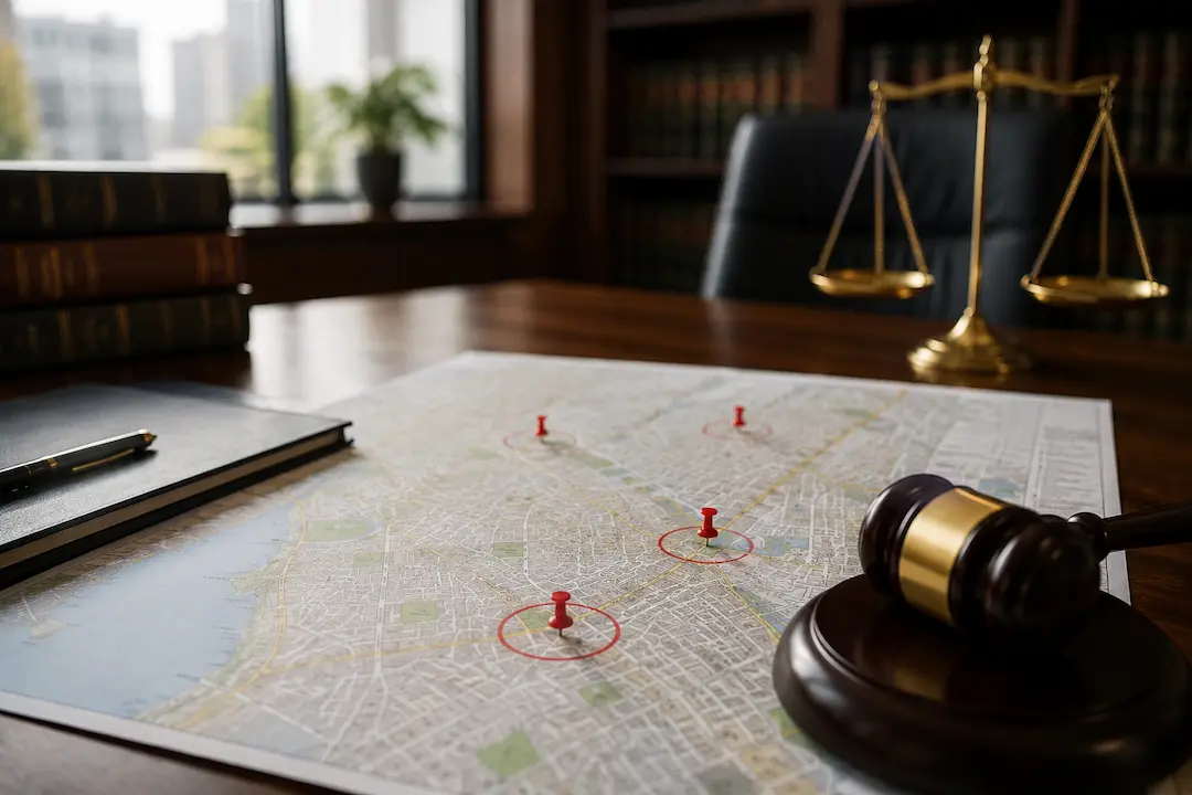 Law office desk with a city map, location markers, gavel, and scales of justice representing local SEO strategies for lawyers in the AI search era.