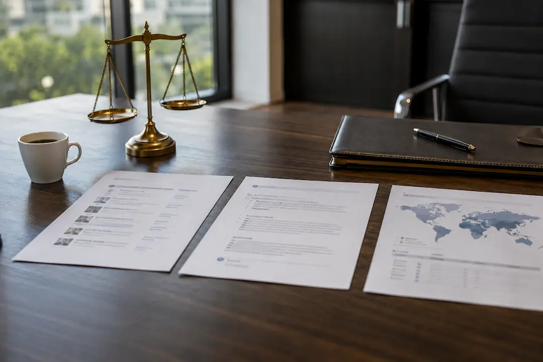 Professional law office table with three printed strategy documents, scales of justice, coffee cup, and leather folder representing GEO, SEO, and AEO visibility for lawyers.