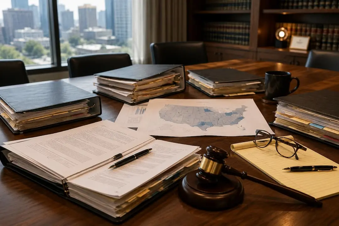 Conference room table with legal case binders, litigation documents, a U.S. map, and attorney workspace representing AI SEO strategy for mass tort law firms handling high-stakes litigation.