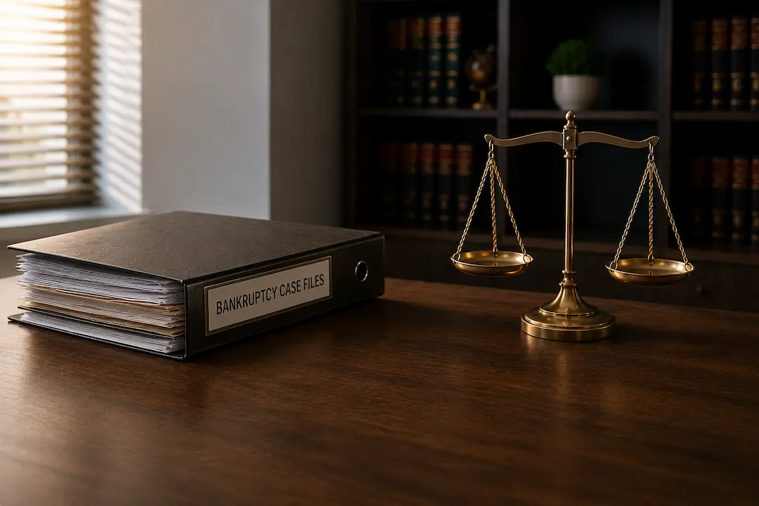 Bankruptcy case files and scales of justice on a law office desk representing AI search visibility, ChatGPT, Google AI, and local search for bankruptcy lawyers.