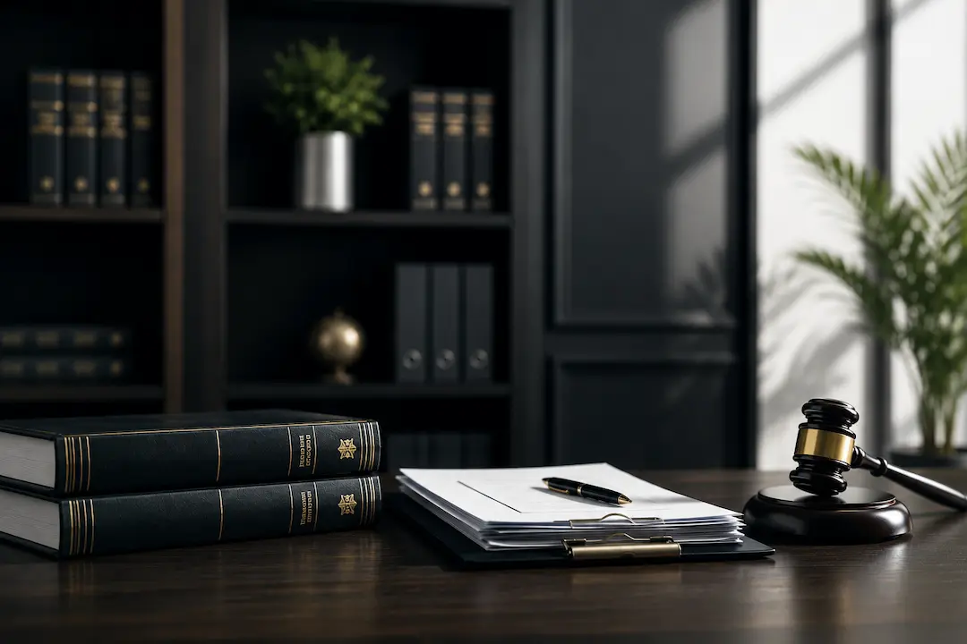 Professional law office desk with legal documents, law books, and a judge's gavel representing employment law firm AI SEO and workplace dispute search visibility.