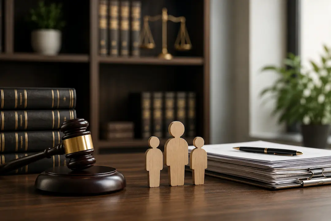 Legal office desk with a judge's gavel, law books, employee figurines, and workplace documents representing employment entity SEO for law firms.